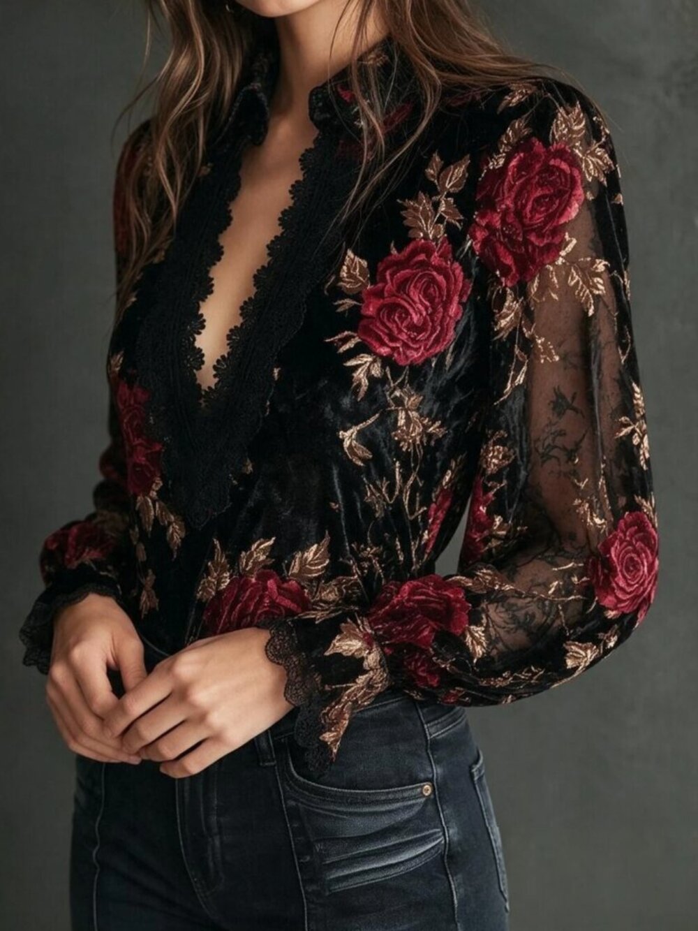 LAST ONE 🔥 Floral Print Velvet Blouse – Scalloped Lace V-Neck - Picture 2 of 6